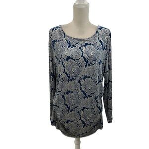 Talbots Blue Paisley Tunic Top Womens XL Rayon Knit Ruched Side Long Sleeves